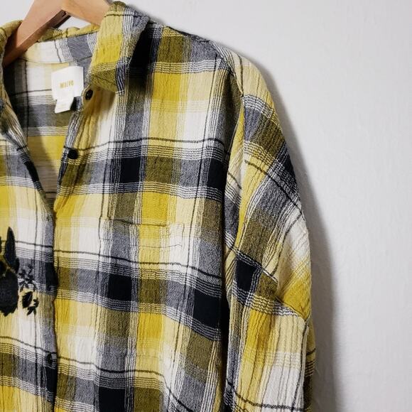 Anthropologie Maeve Floral Embroidered Yellow Plaid Longline Flannel Tunic XS - Picture 8 of 12